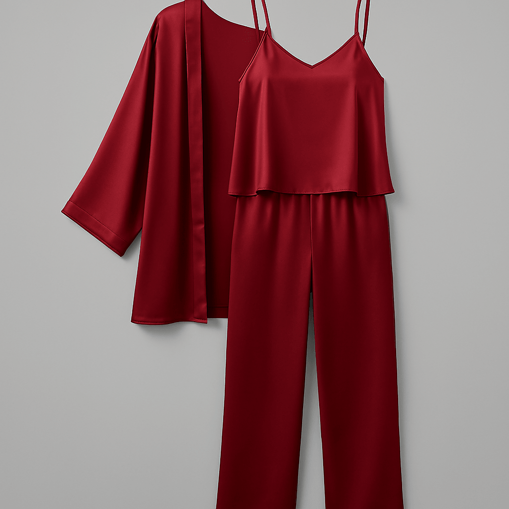 3-Piece Premium Satin Sleepwear Set for Women – Camisole, Pants & Robe | Nightwear & Loungewear | Free Size (DC-3002) - Black