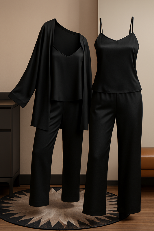 3-Piece Premium Satin Sleepwear Set for Women – Camisole, Pants & Robe | Nightwear & Loungewear | Free Size (DC-3002) - Black