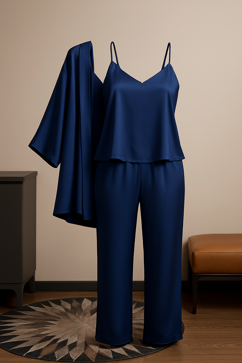 3-Piece Premium Satin Sleepwear Set for Women – Camisole, Pants & Robe | Nightwear & Loungewear | Free Size (DC-3002) - Black