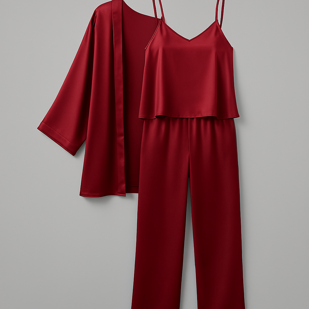 3-Piece Premium Satin Sleepwear Set for Women – Camisole, Pants & Robe | Nightwear & Loungewear | Free Size (DC-3002) - Black