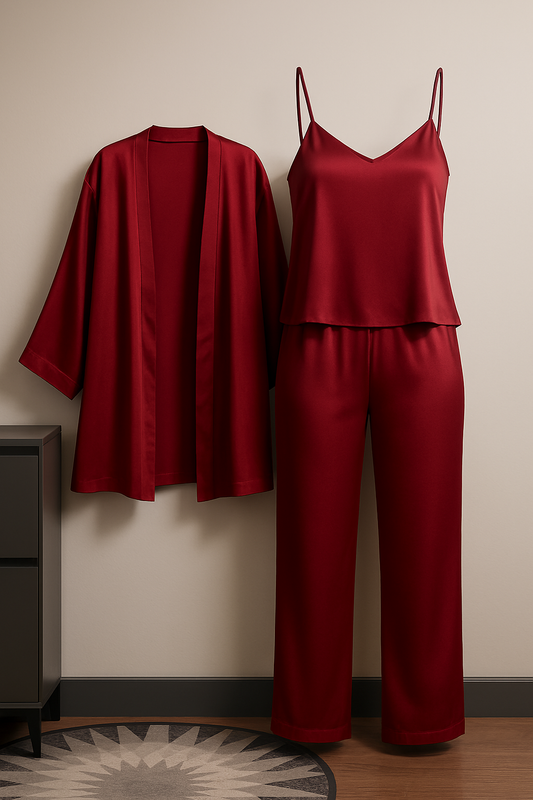 3-Piece Premium Satin Sleepwear Set for Women – Camisole, Pants & Robe | Nightwear & Loungewear | Free Size (DC-3002) - Black